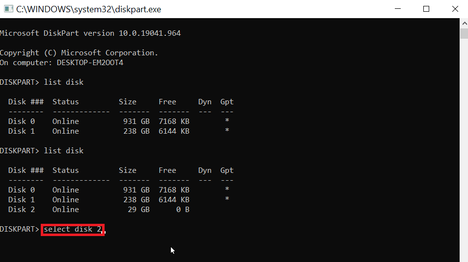 ketik pilih disk dan masukkan nomor disk Anda. Perbaiki Kesalahan dalam Memformat USB Flash Drive
