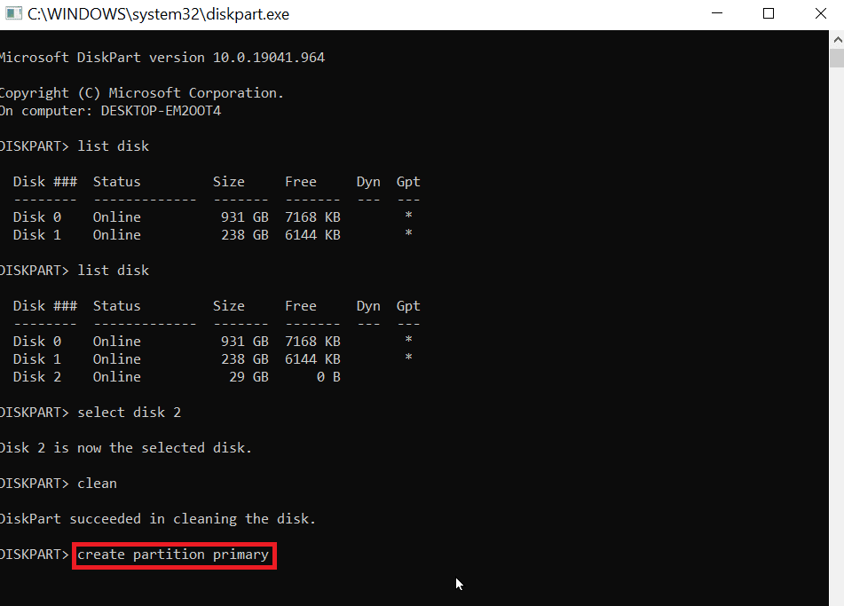 ketik buat partisi utama dan tekan enter. Cara Memperbaiki Kesalahan dalam Memformat USB Flash Drive