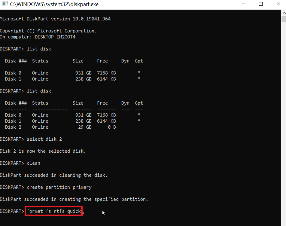 ketik format fs=ntfs untuk memformat usb ke ntfs. Perbaiki Kesalahan dalam Memformat USB Flash Drive
