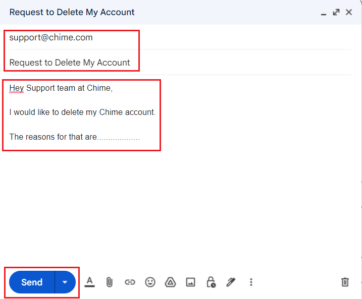 konto e-mail - Utwórz - support@chime.com - Prośba o usunięcie mojego konta - prośba i powody - Wyślij | zamknij konto Chime