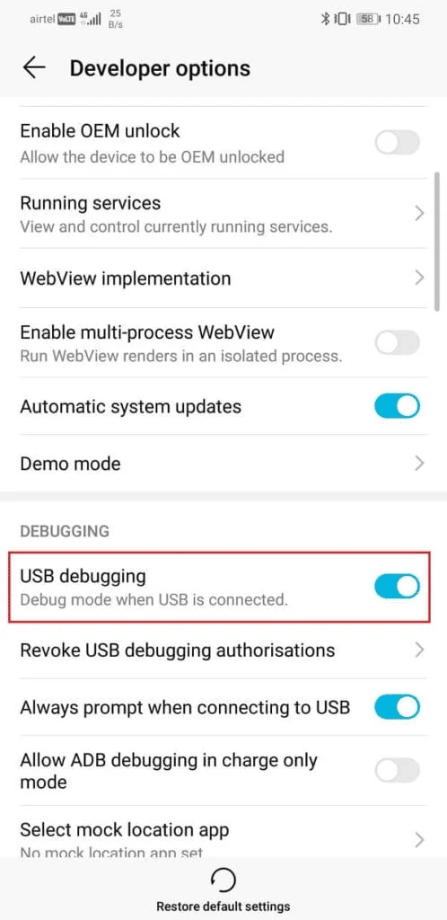 Activați depanarea USB