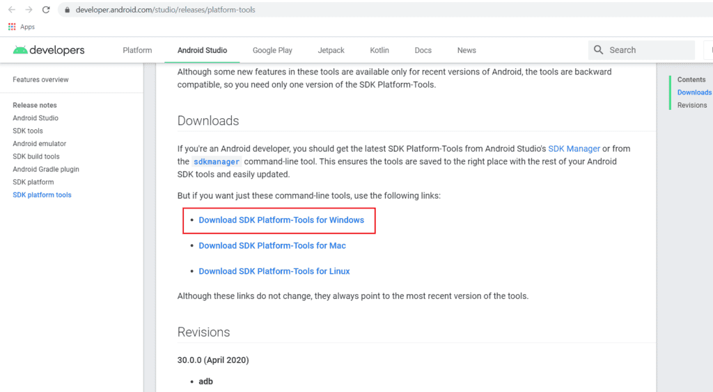 Faceți clic pe SDK Platform-Tools pentru Windows