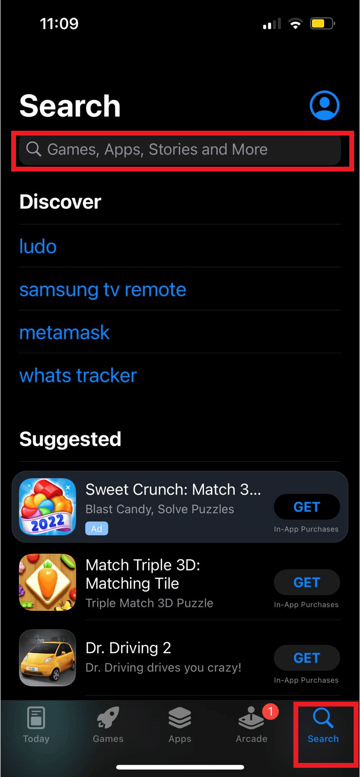 Dari tab Pencarian, cari game yang diinginkan yang tersedia di Android dan iOS