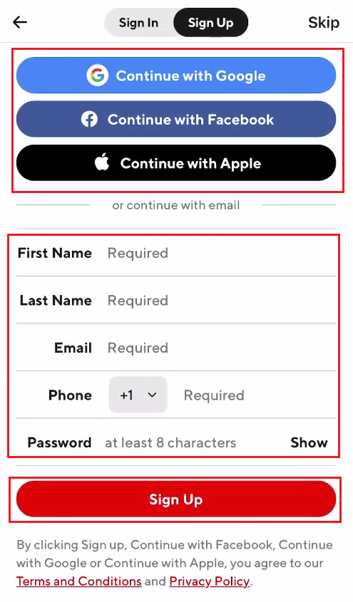 使用您的 Google、Facebook 或 Apple 帐户注册，或提供您的姓名、电子邮件、电话号码和密码，然后点击注册 | DoorDash 帐户已停用