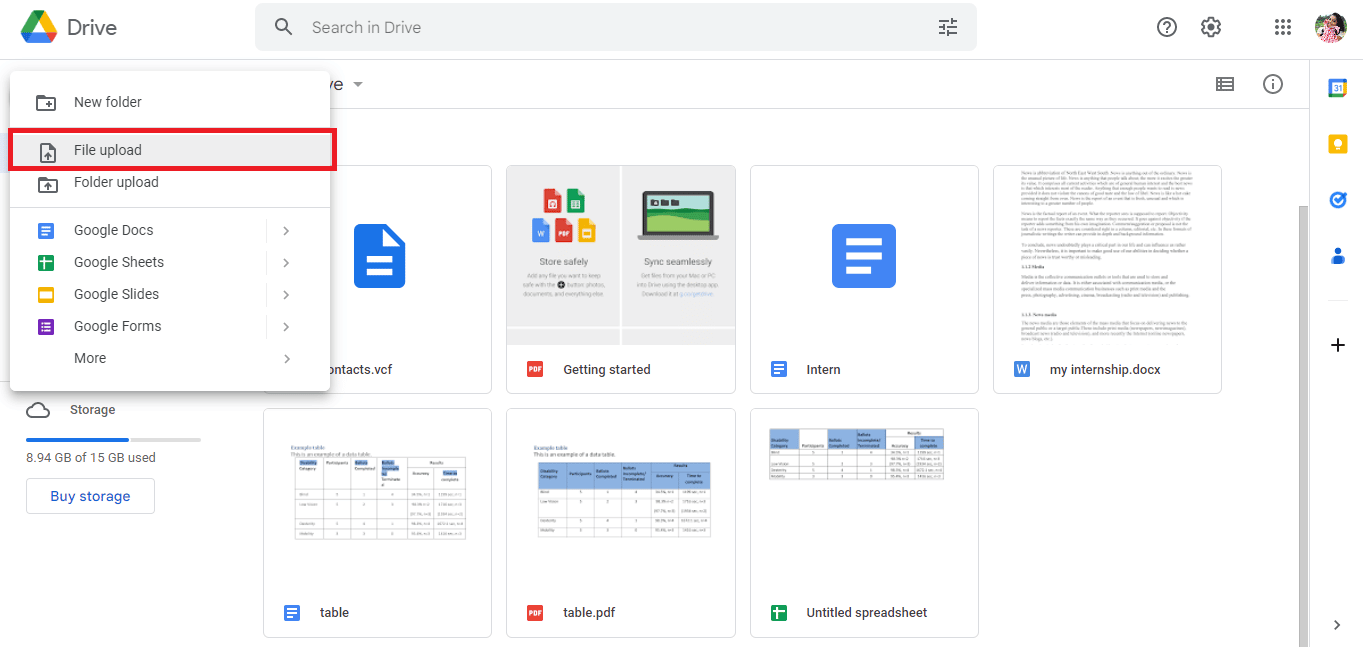 ファイルのアップロードをクリックします。 PDFをGoogleスプレッドシートに変換する3つの方法