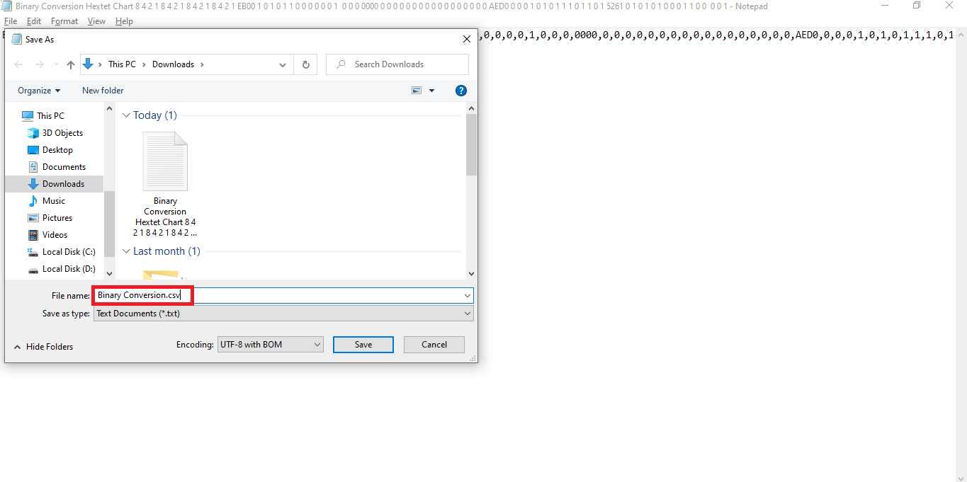 メモ帳を .csv 形式で保存します