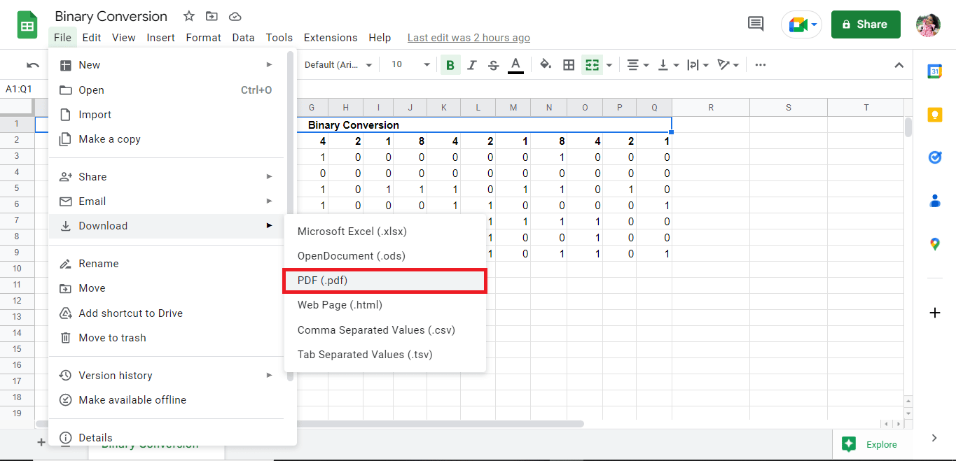 PDF をクリックすると、ファイルが PDF として保存されます。 PDFをGoogleスプレッドシートに変換する3つの方法