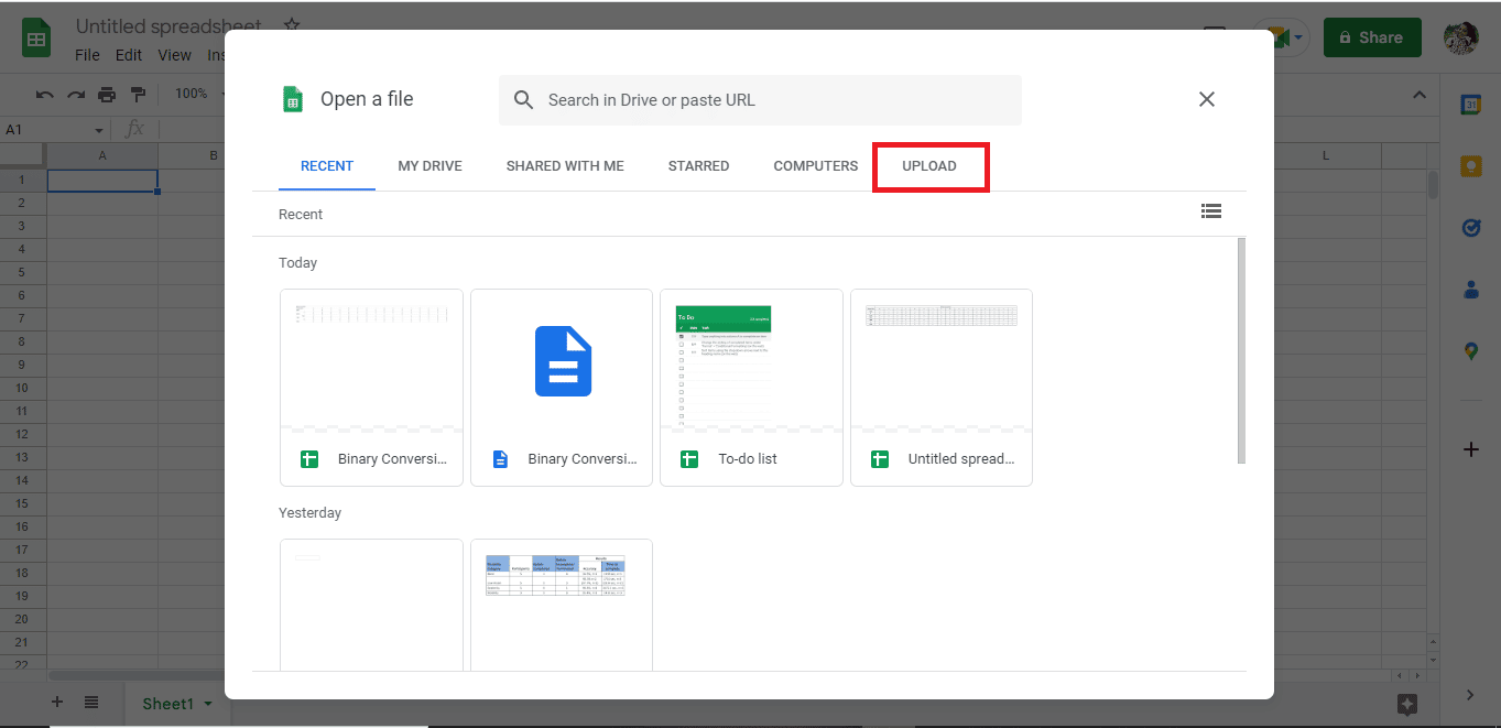 アップロードオプションをクリックします。 PDFをGoogleスプレッドシートに変換する3つの方法