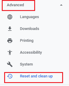 haga clic en la configuración Avanzada y seleccione Restablecer y limpiar