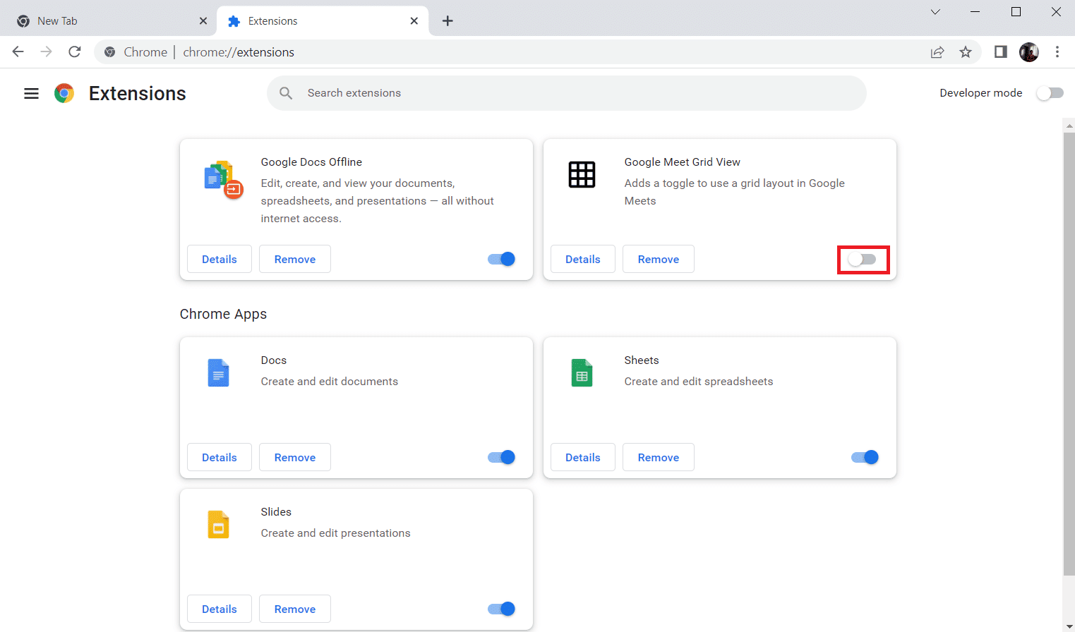 Desactivar la extensión Google Meet Grid View