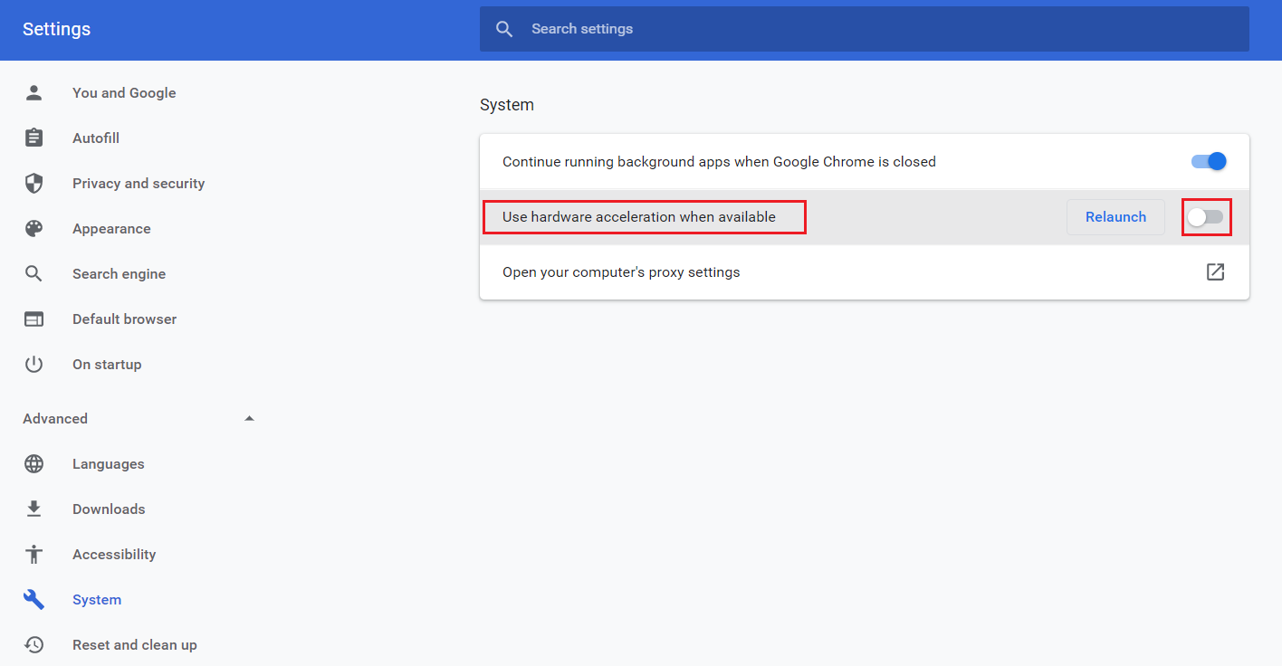 apague la palanca para usar la aceleración de hardware cuando esté disponible la configuración de Chrome