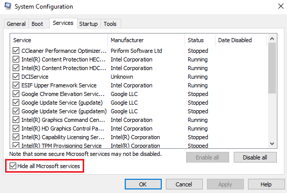 Marque la casilla para Ocultar todos los servicios de Microsoft. Solucionar el error de actualización de Windows 10 0x80d02002