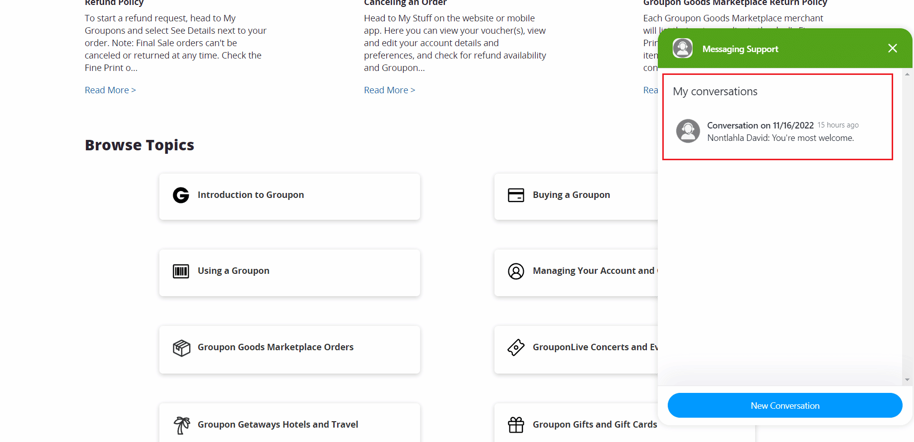 Wsparcie czatu | wniosek o zwrot Groupon