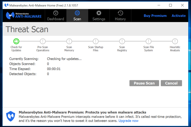 바이러스 검사를 실행하는 Malwarebytes.