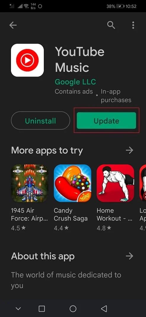 اضغط على تحديث تطبيق YouTube Music