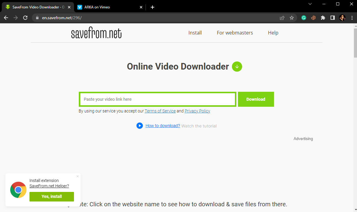 打開 Web 瀏覽器並訪問 SaveFrom.net 站點。最好的 Vimeo 到 MP4 轉換器工具