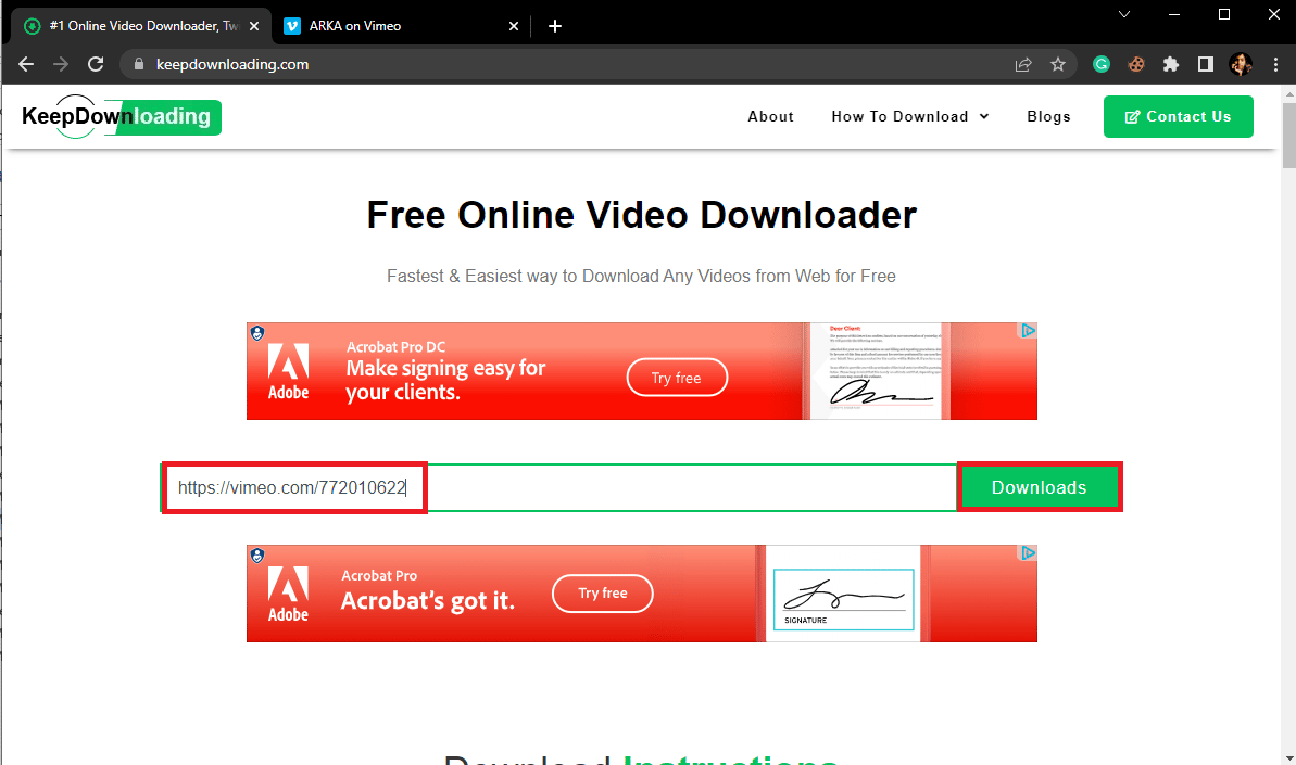 在 Enter your url here... 文本框中輸入視頻 URL，然後單擊 Downloads。最好的 Vimeo 到 MP4 轉換器工具