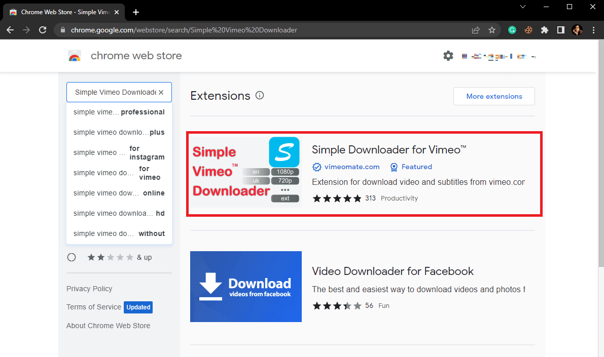 在搜索框中鍵入 Simple Vimeo Downloader 並按 Enter 鍵