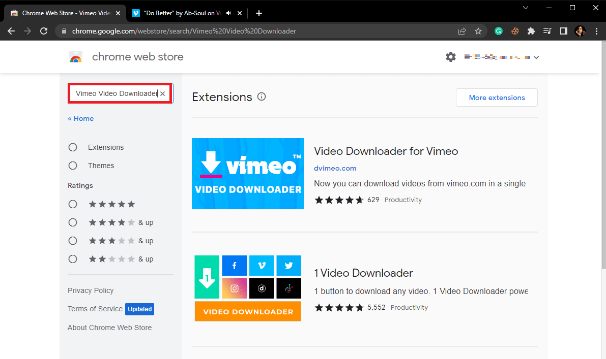 在搜索框中鍵入 Vimeo Video Downloader 並按 Enter 鍵