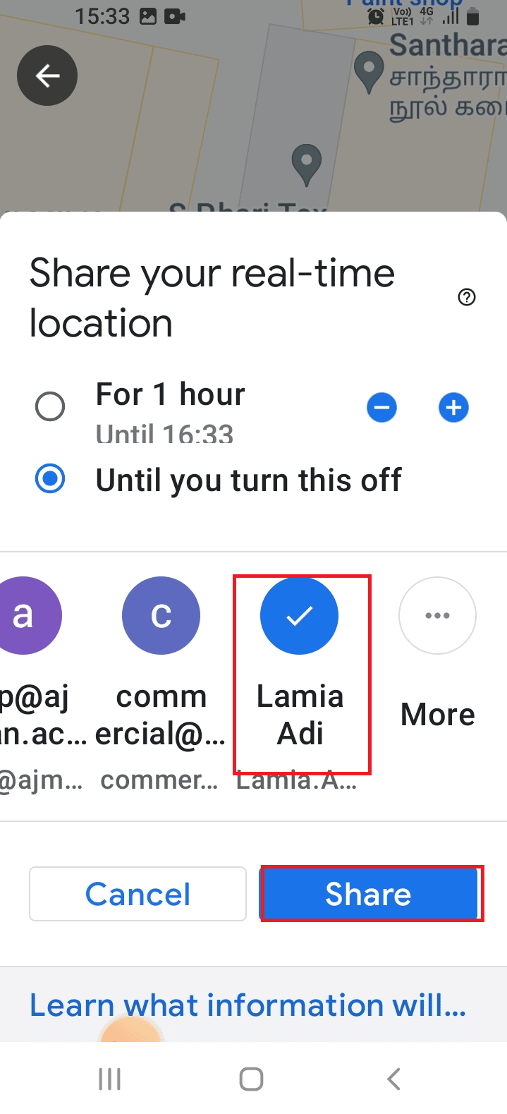 selectați adresa dvs. de e-mail și apăsați pe butonul Partajare. Cum să urmăriți pe cineva pe Google Maps fără ca acesta să știe