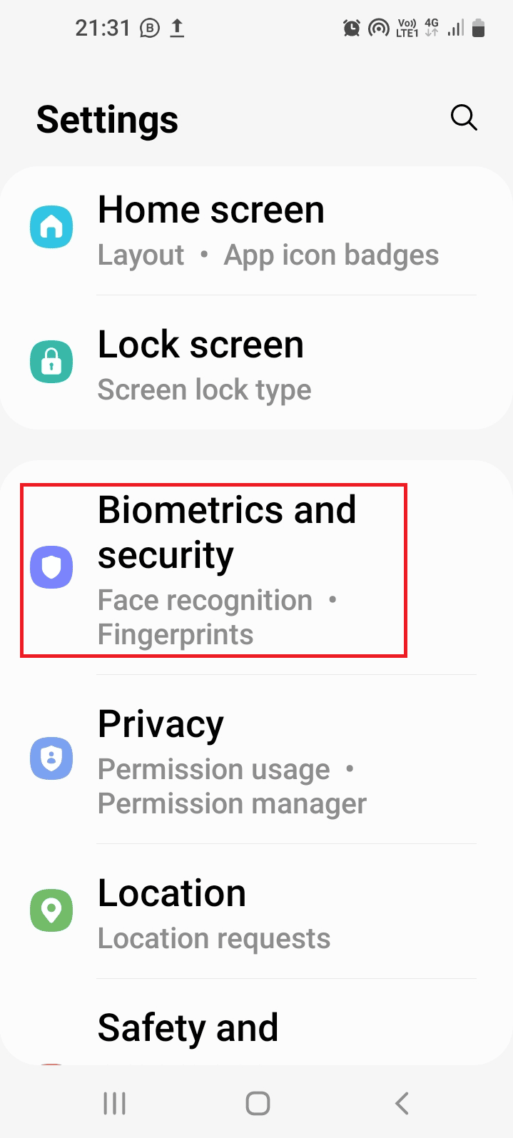 Atingeți fila Biometrie și securitate