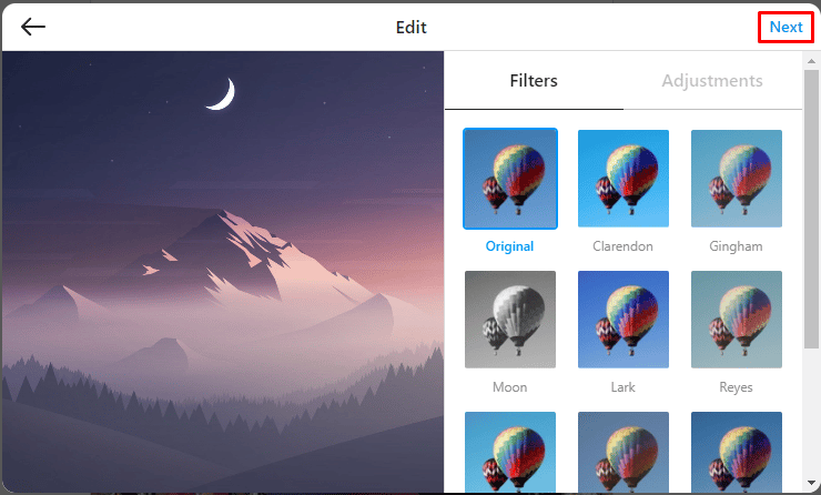 Appliquez les filtres intégrés d'Instagram ou utilisez des outils d'édition pour corriger vos photos, puis cliquez sur l'option Suivant.