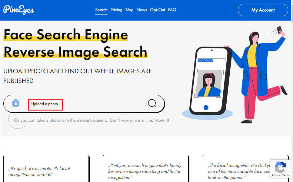 Apri il sito Web di PimEyes e fai clic sull'opzione Carica una foto. Come trovare qualcuno su Facebook usando un'immagine