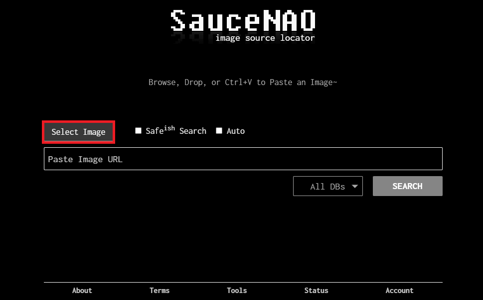 Apri il sito Web SauceNAO e fai clic sul pulsante Seleziona immagine. Come trovare qualcuno su Facebook usando un'immagine