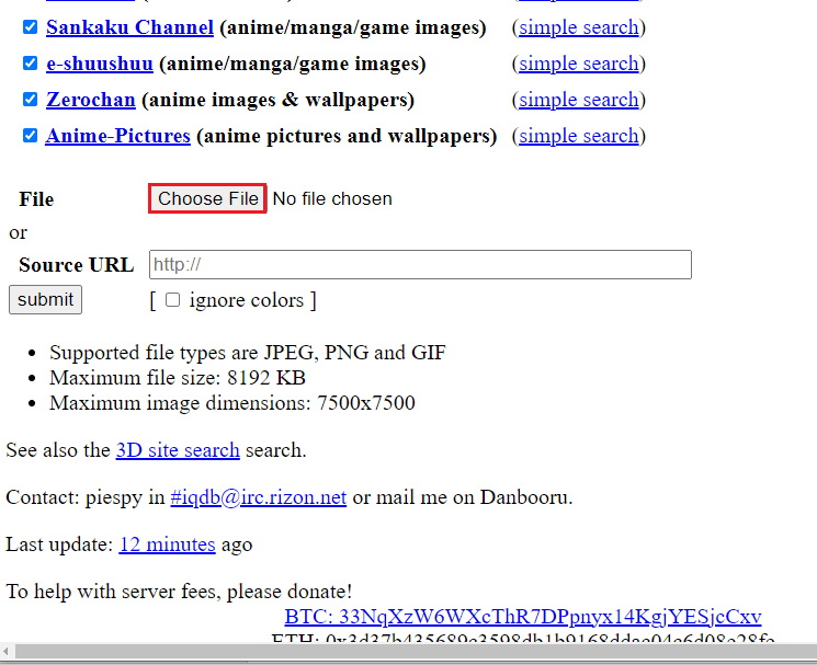 Apri il sito Web ufficiale di IQDB.org e fai clic sul pulsante Scegli file