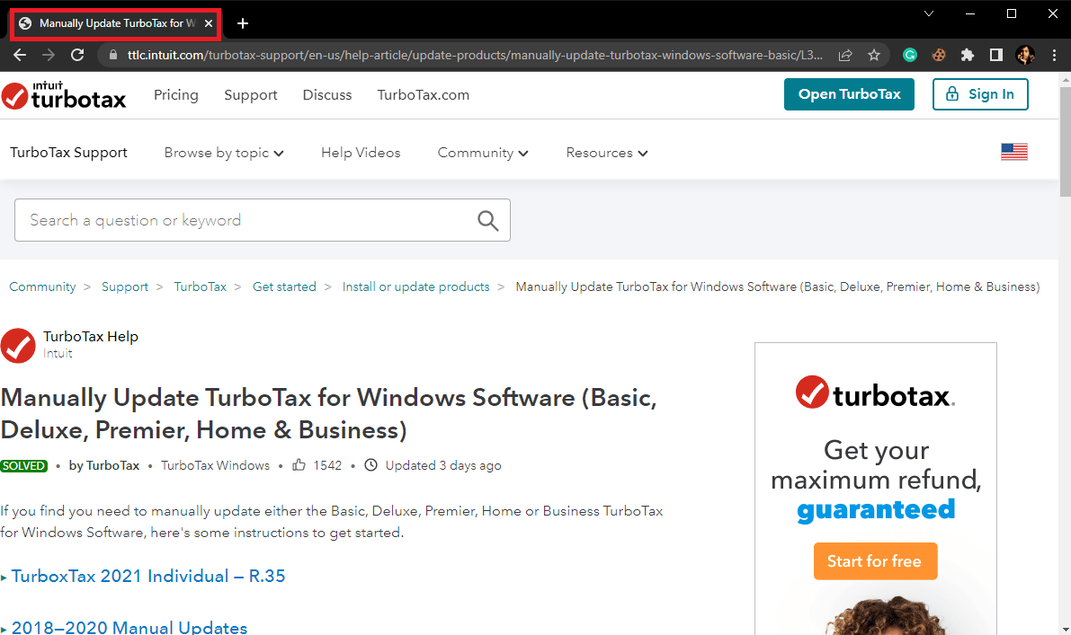 odwiedź stronę aktualizacji Intuit TurboTax