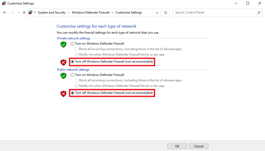 Wyłącz Zaporę systemu Windows Defender dla sieci prywatnych i publicznych