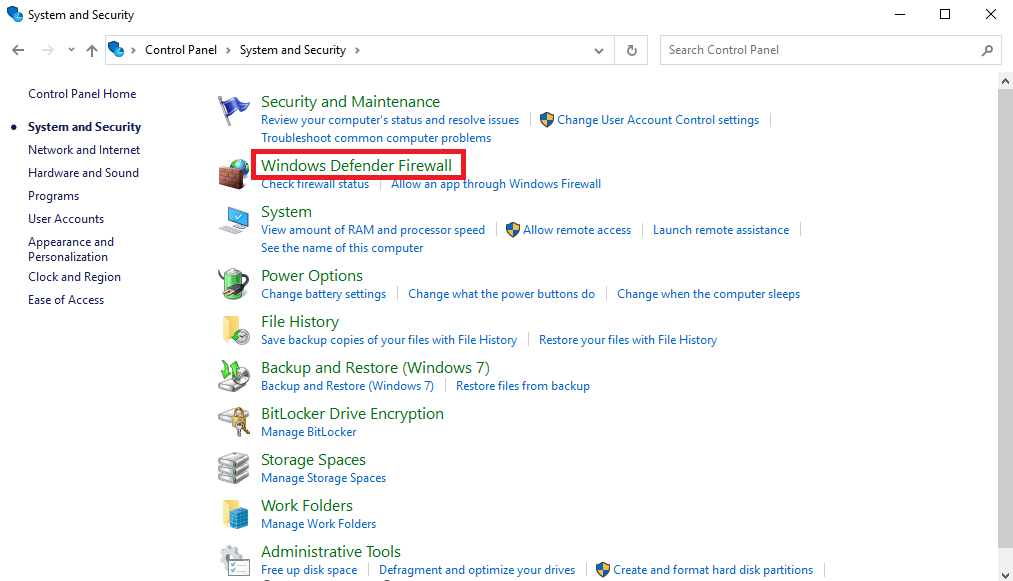 kliknij Zapora systemu Windows Defender
