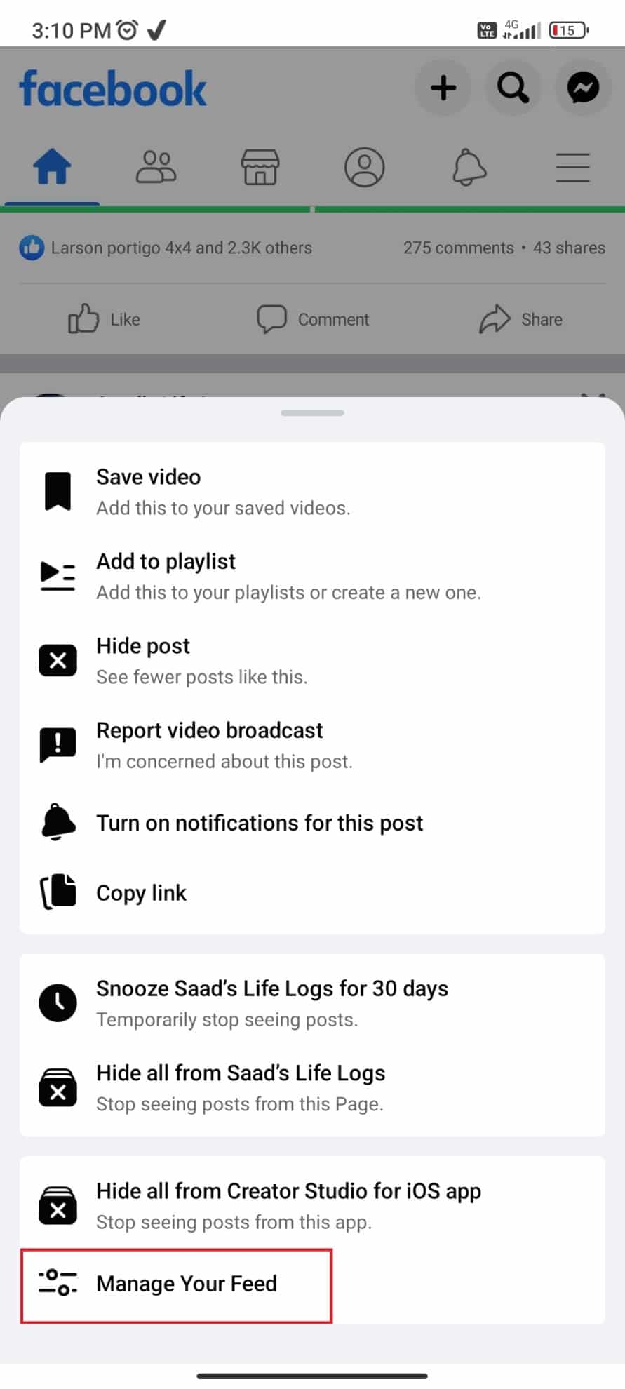Toque na opção Gerenciar seu feed para personalizar seu feed conforme desejado