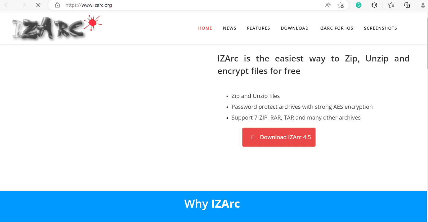 izarc の Web ページ。 WinZip を無料でダウンロードする方法