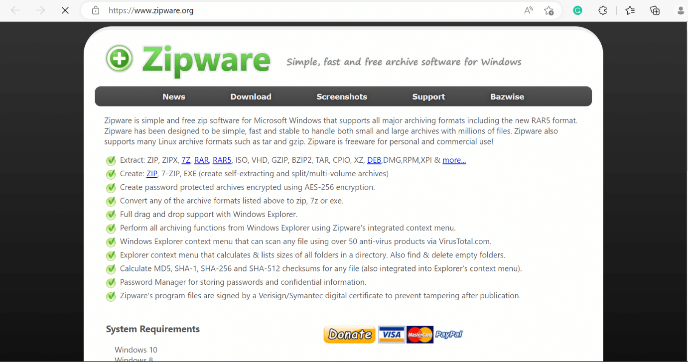 ジップウェアのウェブページ。 WinZip を無料でダウンロードする方法