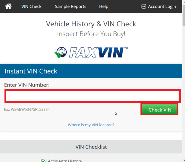 vá para FAXVIN, digite o número VIN e clique em Check VIN | Como consultar o proprietário do número da placa
