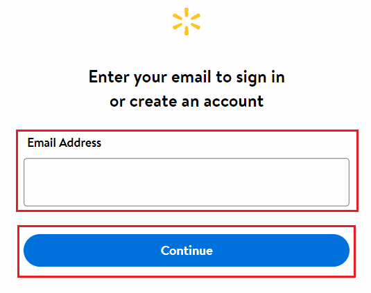 Visite la página de inicio de sesión de Walmart en su navegador e ingrese la dirección de correo electrónico en el cuadro dado y haga clic en Continuar