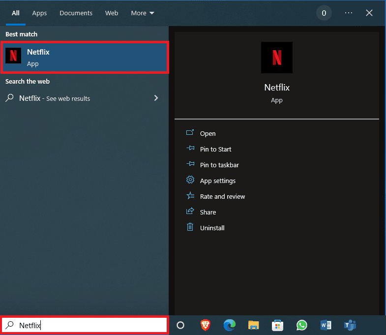 No menu Iniciar, pesquise, digite Netflix