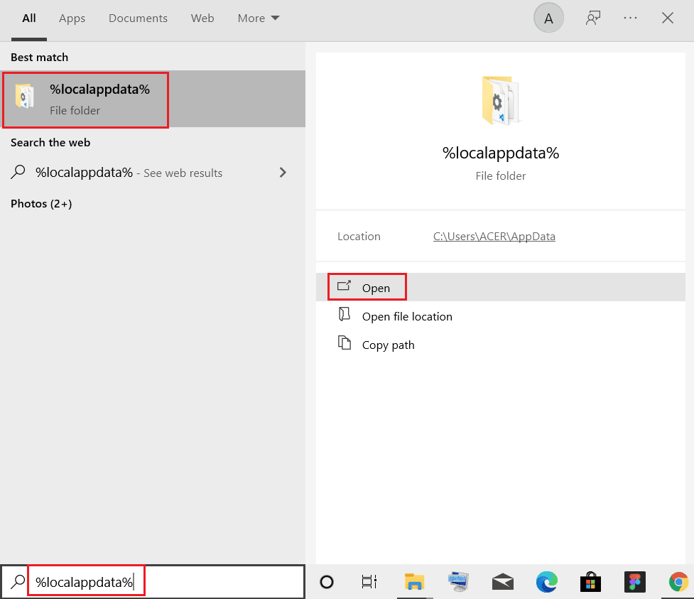 localappdata pesquisado no menu de pesquisa