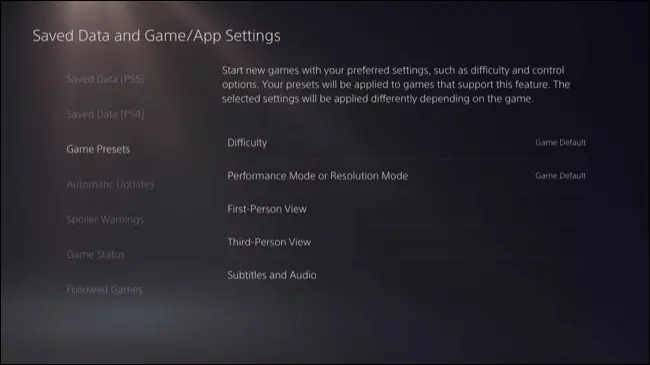 Preimpostazioni di gioco per PlayStation 5