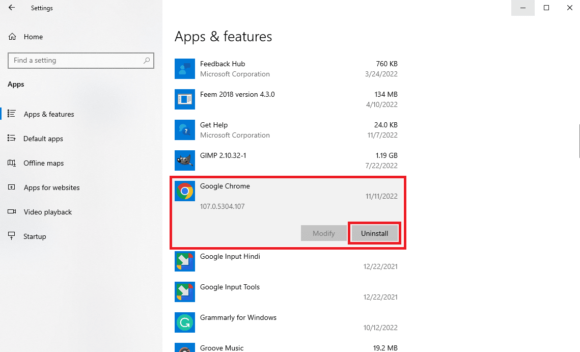 导航到并单击 Google Chrome，然后单击卸载。修复 Google Chrome 磁盘完全下载错误