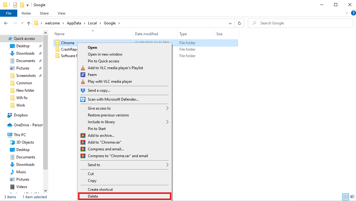 右键单击 Chrome 文件夹，然后单击删除。修复 Google Chrome 磁盘完全下载错误
