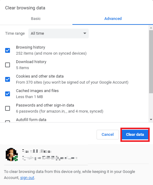 单击清除数据按钮。修复 Google Chrome 磁盘完全下载错误