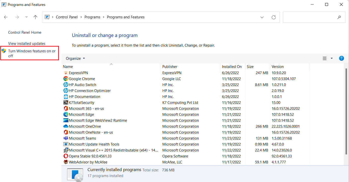 Faceți clic pe Activați sau dezactivați funcțiile Windows. Remediați unitățile mapate Windows 10 care nu sunt afișate în programe