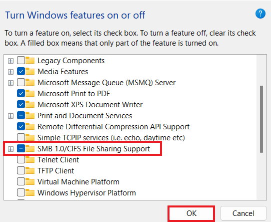 Selectați opțiunea SMB 1.0/CIFS File Sharing Support și faceți clic pe OK