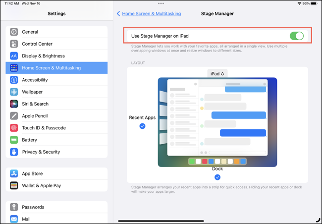 Comutați pentru a activa Stage Manager în Setări