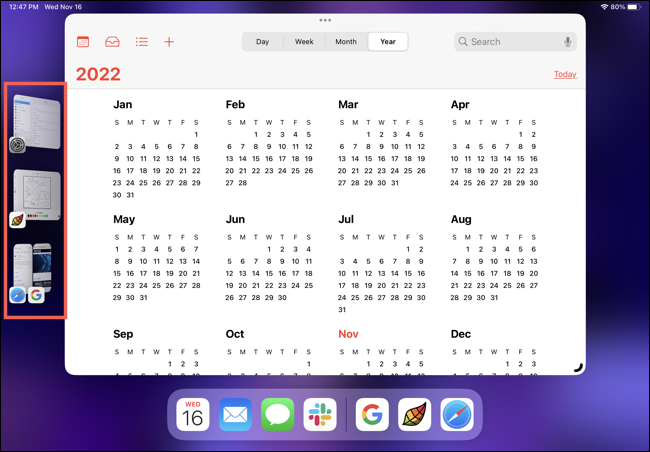 Lista de aplicații recente în Stage Manager pe iPad