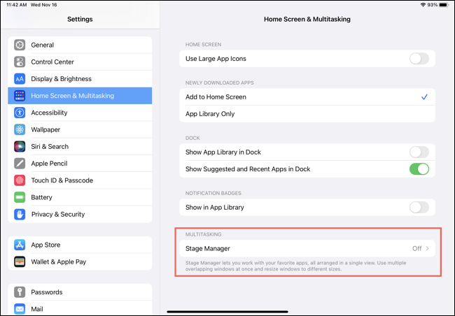 Stage Manager în ecranul de pornire și setările Multitasking