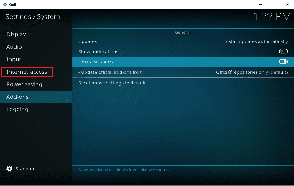 seleziona Accesso a Internet nelle impostazioni del sistema Kodi