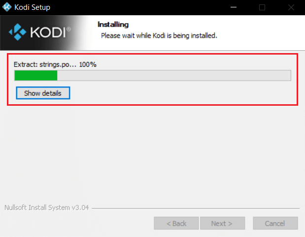 attendere il completamento dell'installazione dell'app kodi